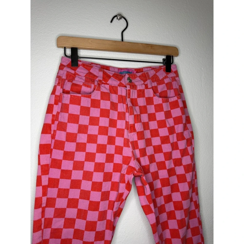 Edikted - Red and Pink Checkered Jeans 100% Cotton Dopamine Maximalist Size Sm